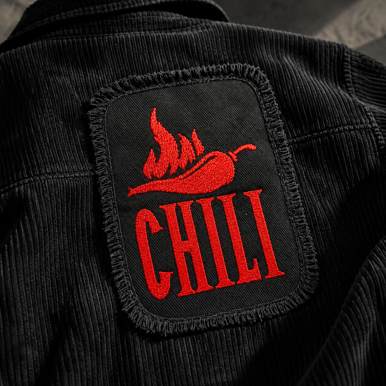 Машинная вышивка логотипа CHILI красной нитью на вельветовой нашивке