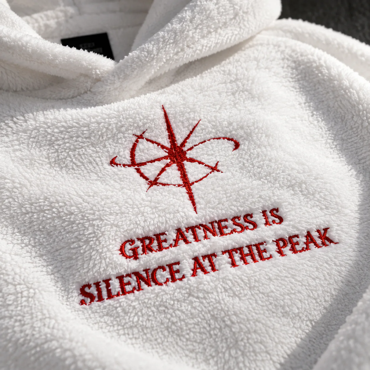 Вышивка красной нитью надписи Greatness is silence at the peak на белом плюшевом худи